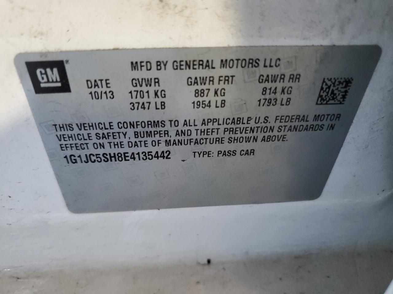 2014 Chevrolet Sonic Lt VIN: 1G1JC5SH8E4135442 Lot: 81111945