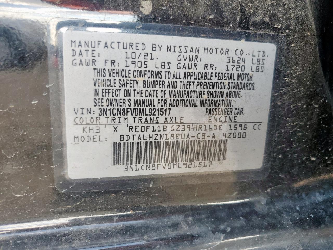 2021 Nissan Versa Sr VIN: 3N1CN8FV0ML921517 Lot: 81926585