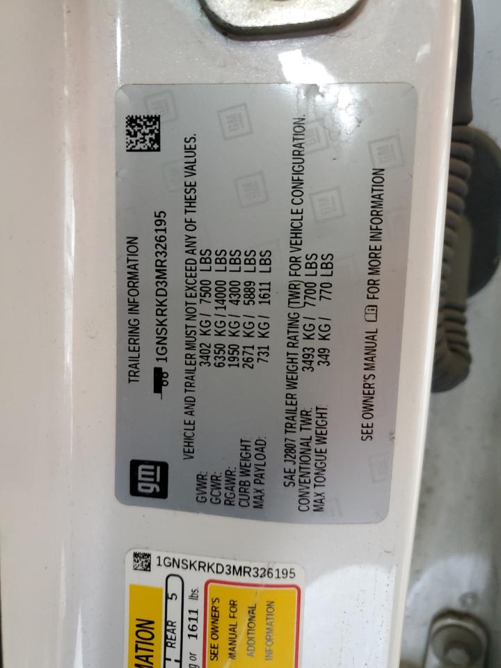 2021 Chevrolet Tahoe K1500 Rst VIN: 1GNSKRKD3MR326195 Lot: 80020805