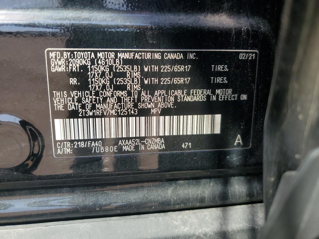 2021 Toyota Rav4 Xle VIN: 2T3W1RFV7MC125143 Lot: 80127275