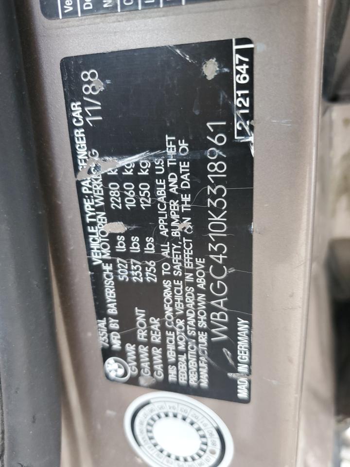 1989 BMW 735 Il VIN: WBAGC4310K3318961 Lot: 71477375