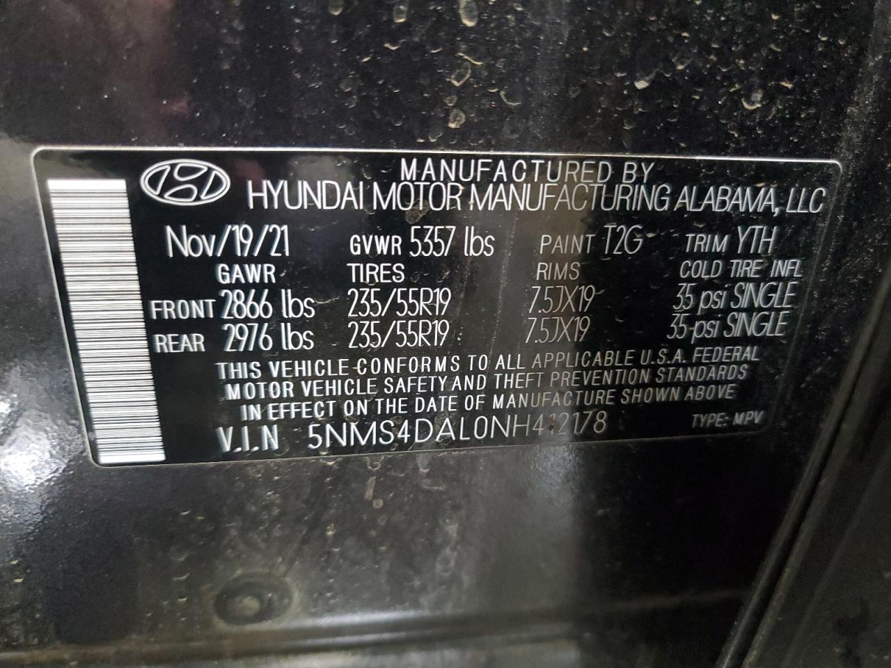 2022 Hyundai Santa Fe Limited VIN: 5NMS4DAL0NH412178 Lot: 71884995