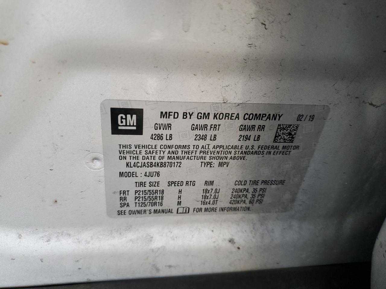 2019 Buick Encore Preferred VIN: KL4CJASB4KB870172 Lot: 83855865