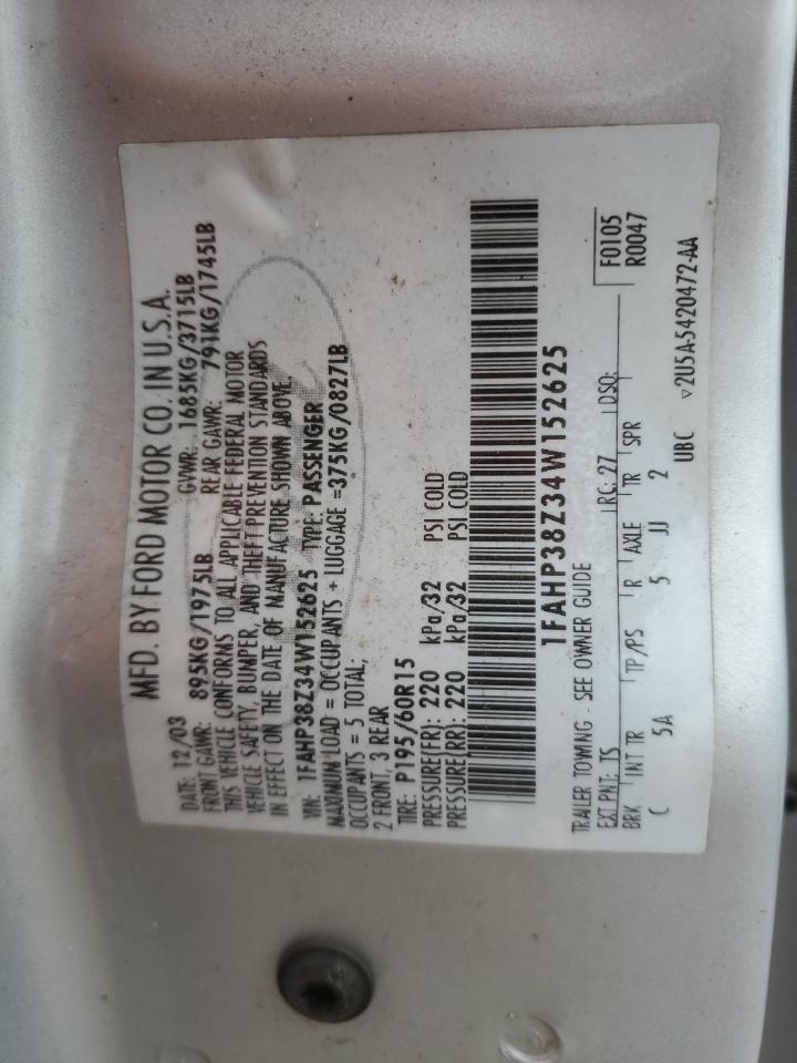 2004 Ford Focus Zts VIN: 1FAHP38Z34W152625 Lot: 84398365