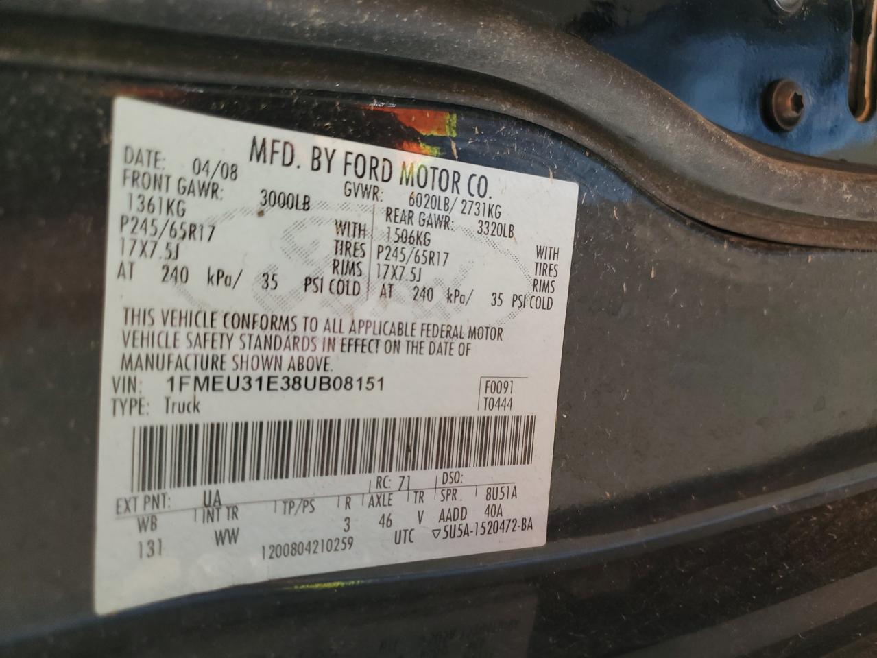 2008 Ford Explorer Sport Trac Xlt VIN: 1FMEU31E38UB08151 Lot: 81343645