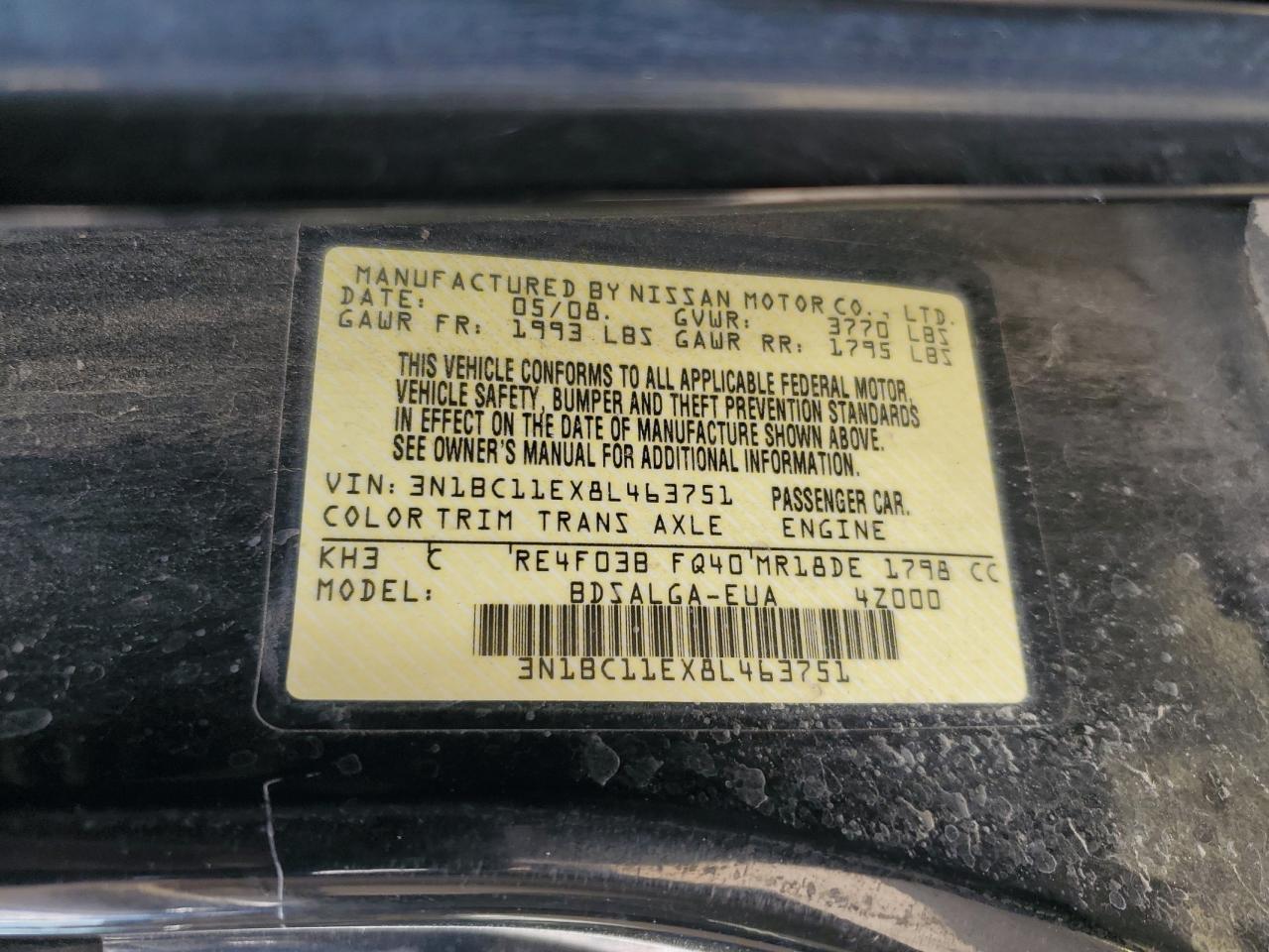 2008 Nissan Versa S VIN: 3N1BC11EX8L463751 Lot: 72102745