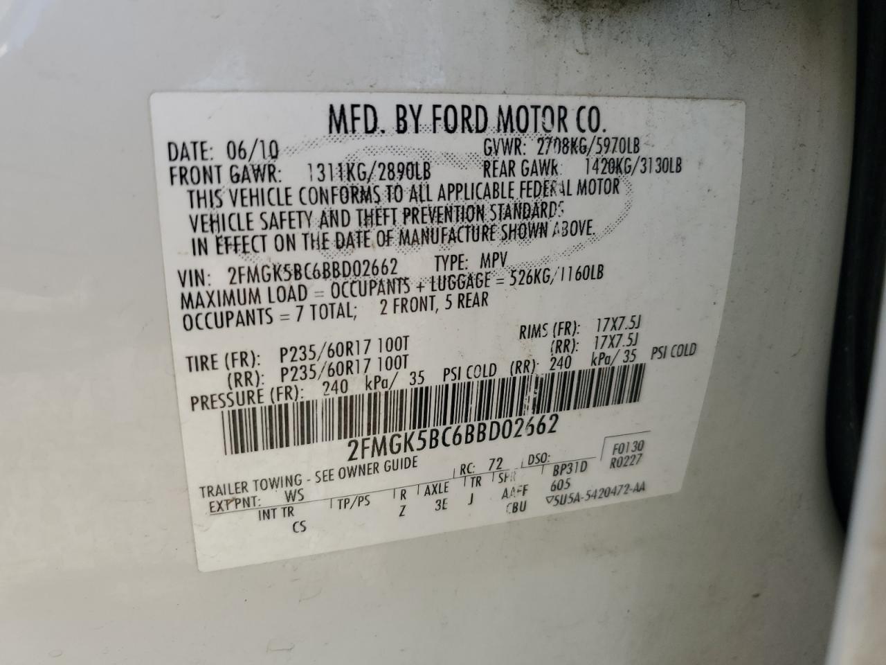 2011 Ford Flex Se VIN: 2FMGK5BC6BBD02662 Lot: 72002155