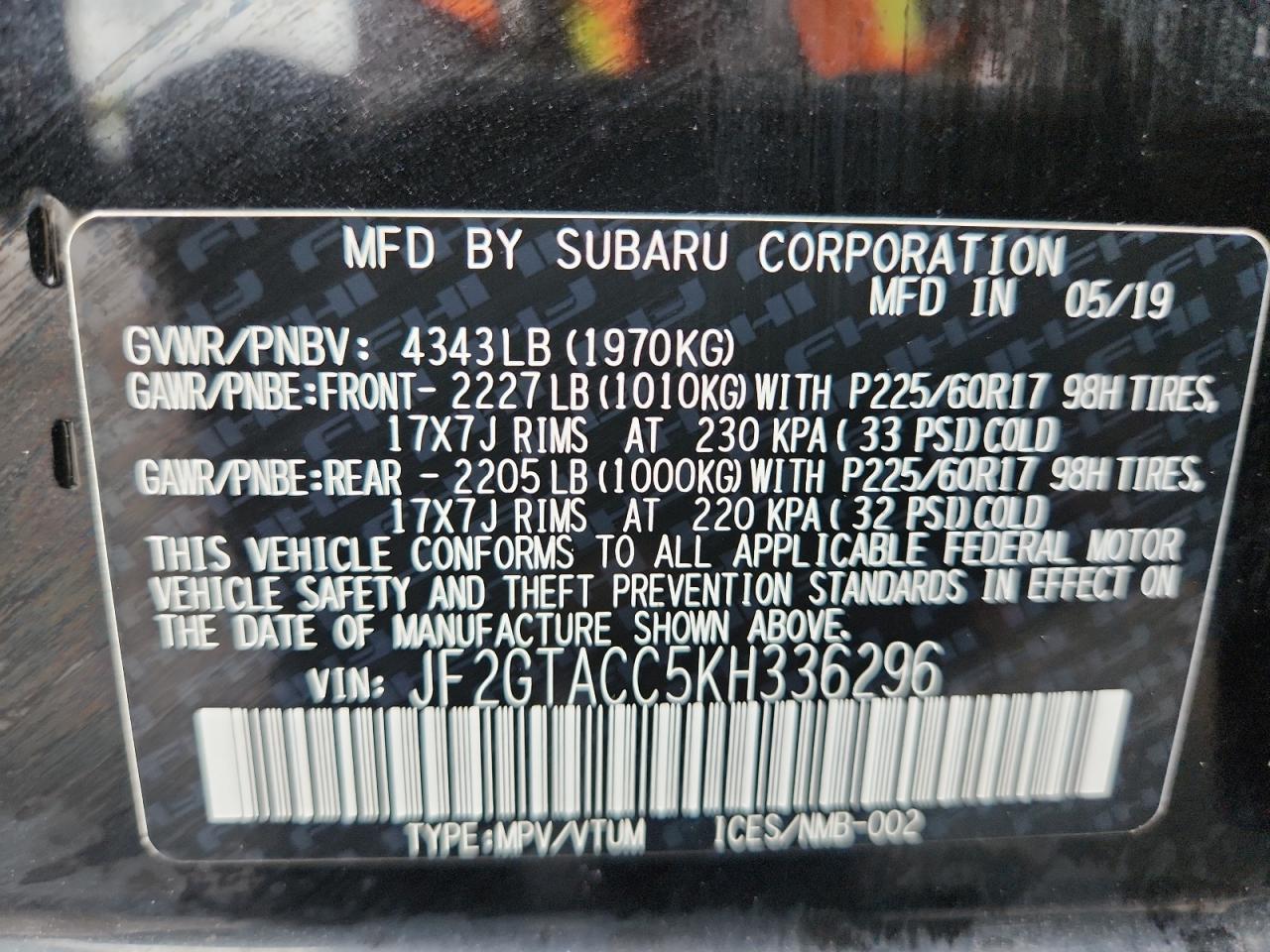 2019 Subaru Crosstrek Premium VIN: JF2GTACC5KH336296 Lot: 84577515