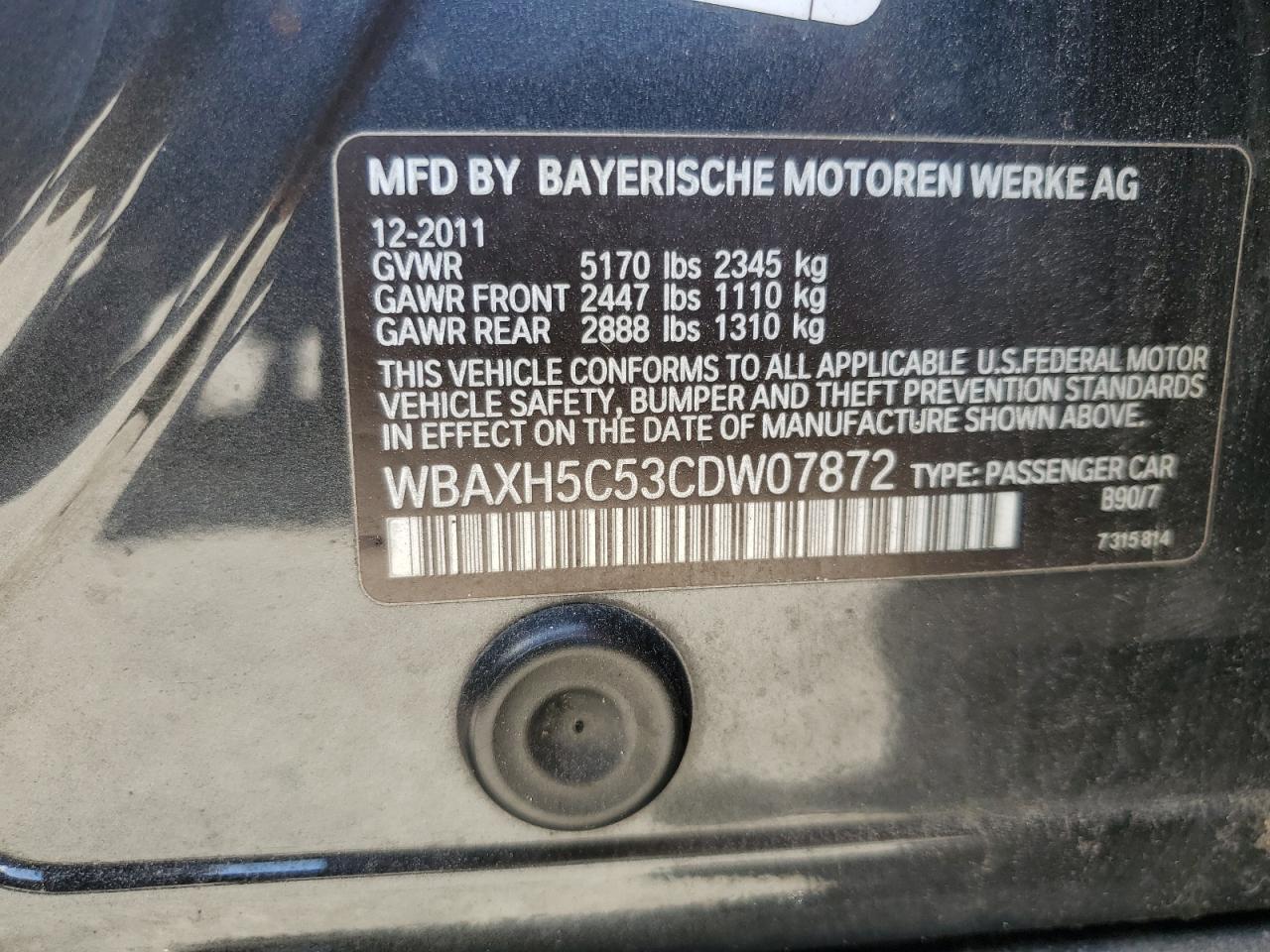 2012 BMW 528 Xi VIN: WBAXH5C53CDW07872 Lot: 69365325