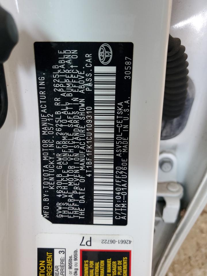 2012 Toyota Camry Base VIN: 4T1BF1FK1CU109310 Lot: 71415985