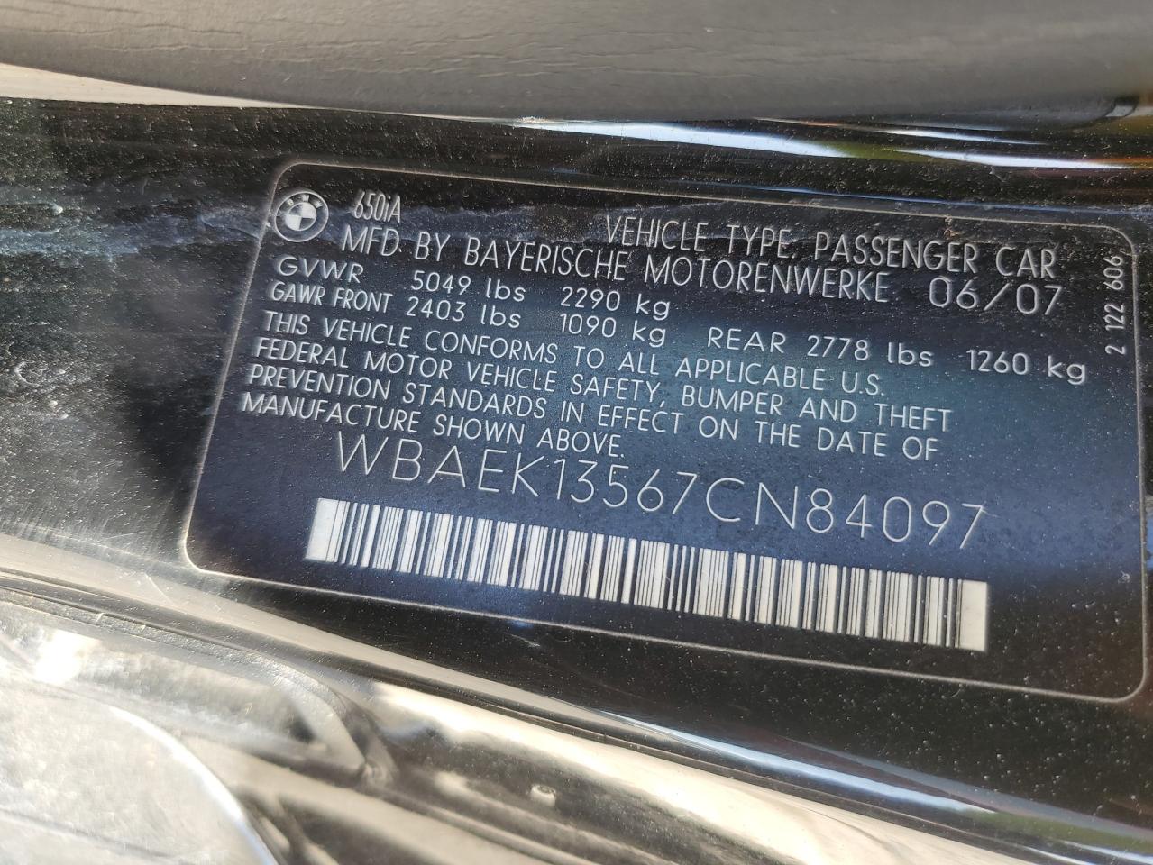2007 BMW 650 I VIN: WBAEK13567CN84097 Lot: 81470605