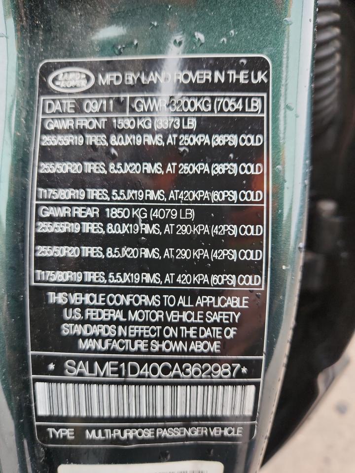 2012 Land Rover Range Rover Hse VIN: SALME1D40CA362987 Lot: 83858545