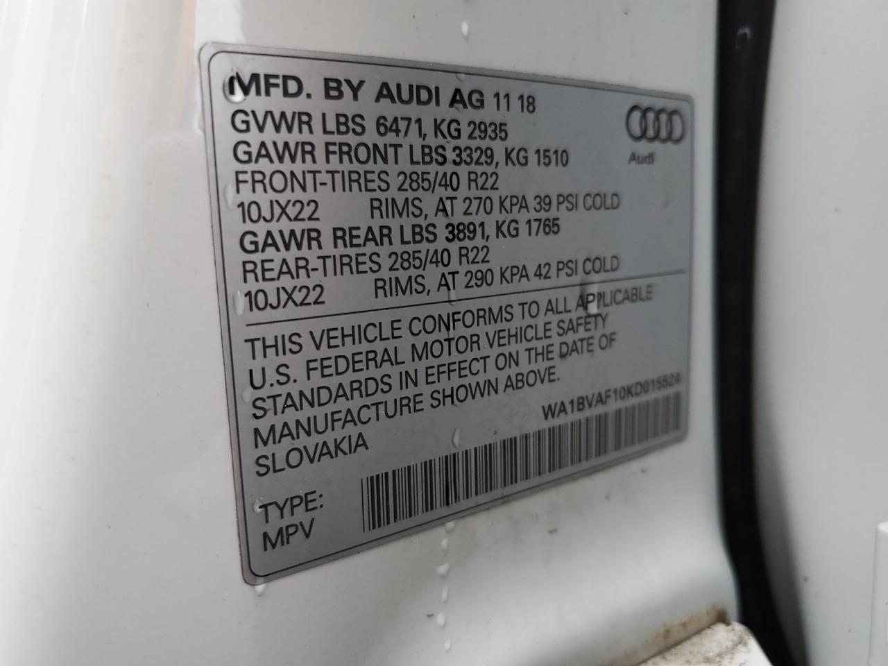 2019 Audi Q8 Premium Plus VIN: WA1BVAF10KD015524 Lot: 84409835