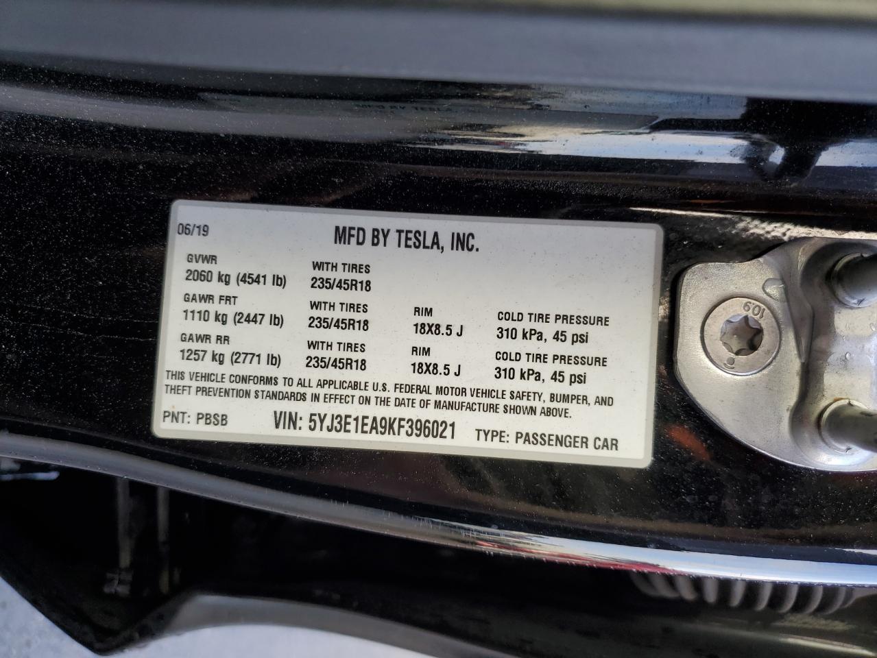 2019 Tesla Model 3 VIN: 5YJ3E1EA9KF396021 Lot: 81052715