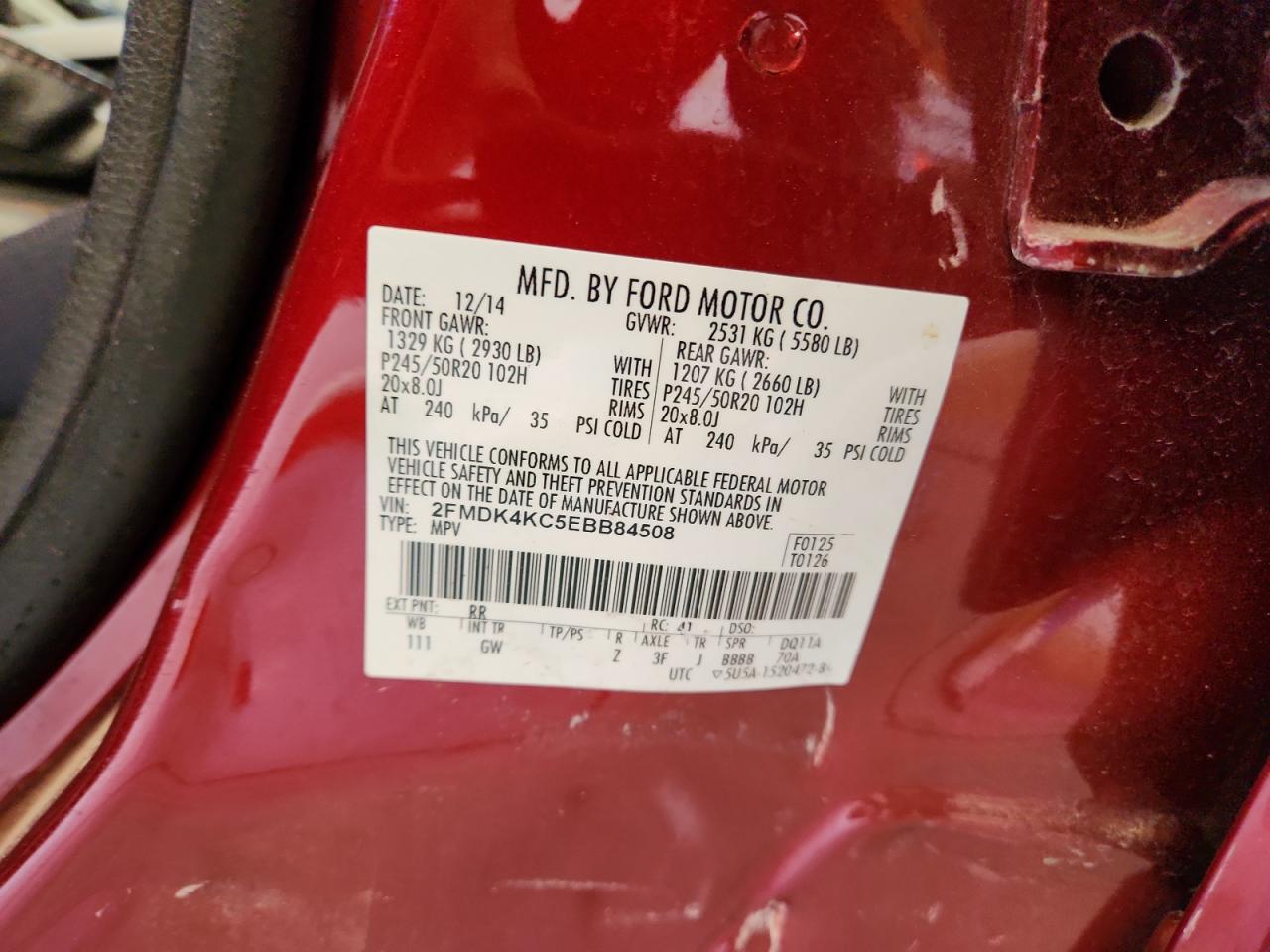 2014 Ford Edge Limited VIN: 2FMDK4KC5EBB84508 Lot: 71457905