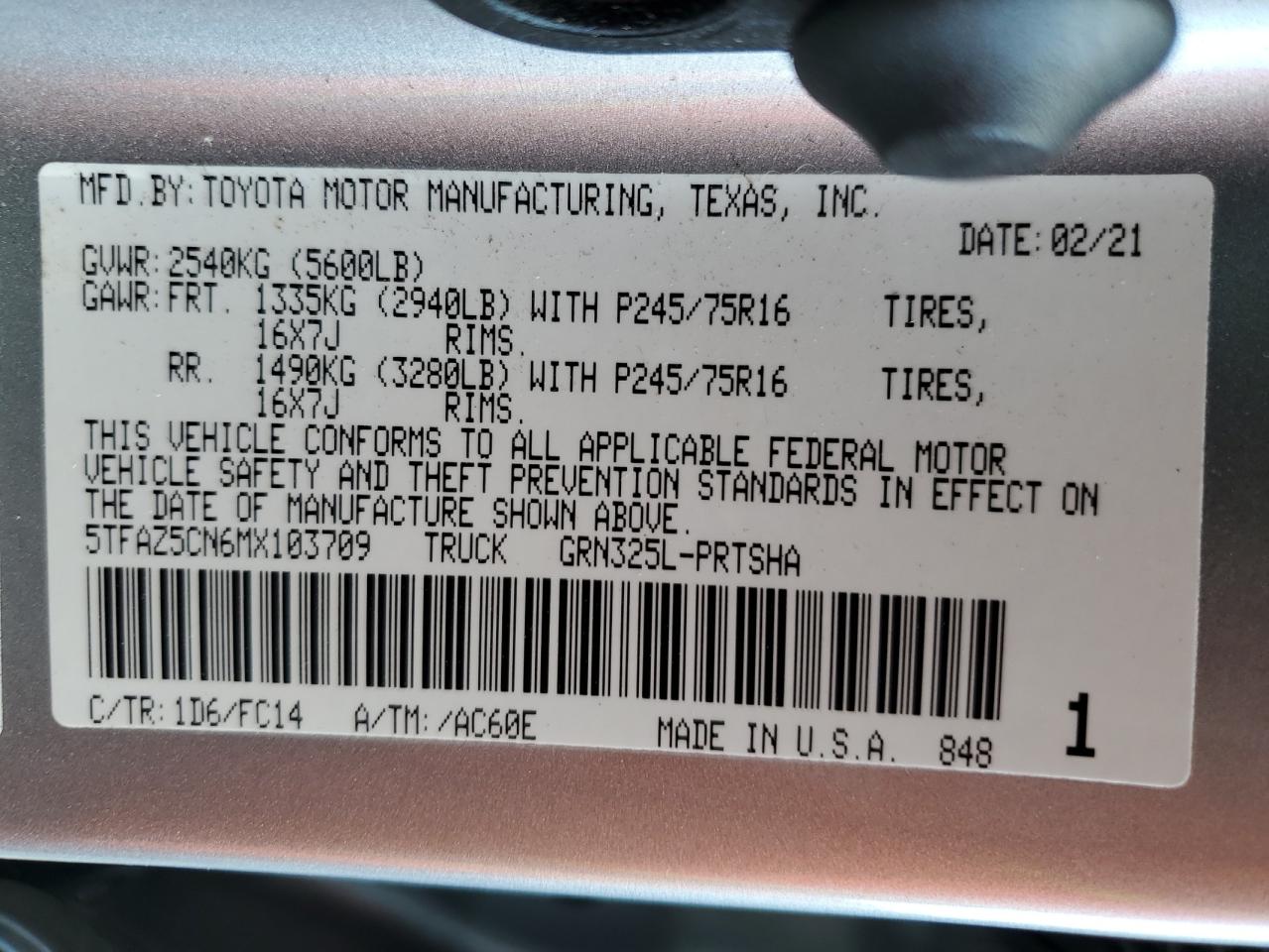 2021 Toyota Tacoma Double Cab VIN: 5TFAZ5CN6MX103709 Lot: 82161345