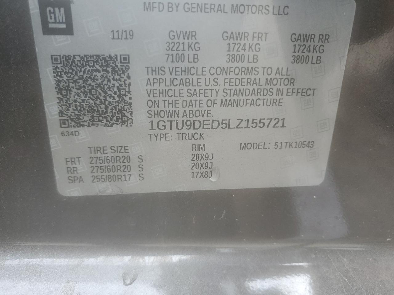 2020 GMC Sierra K1500 Slt VIN: 1GTU9DED5LZ155721 Lot: 81423165