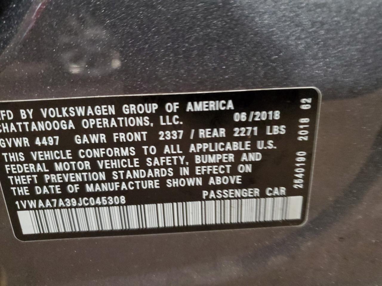 2018 Volkswagen Passat S VIN: 1VWAA7A39JC045308 Lot: 83817775