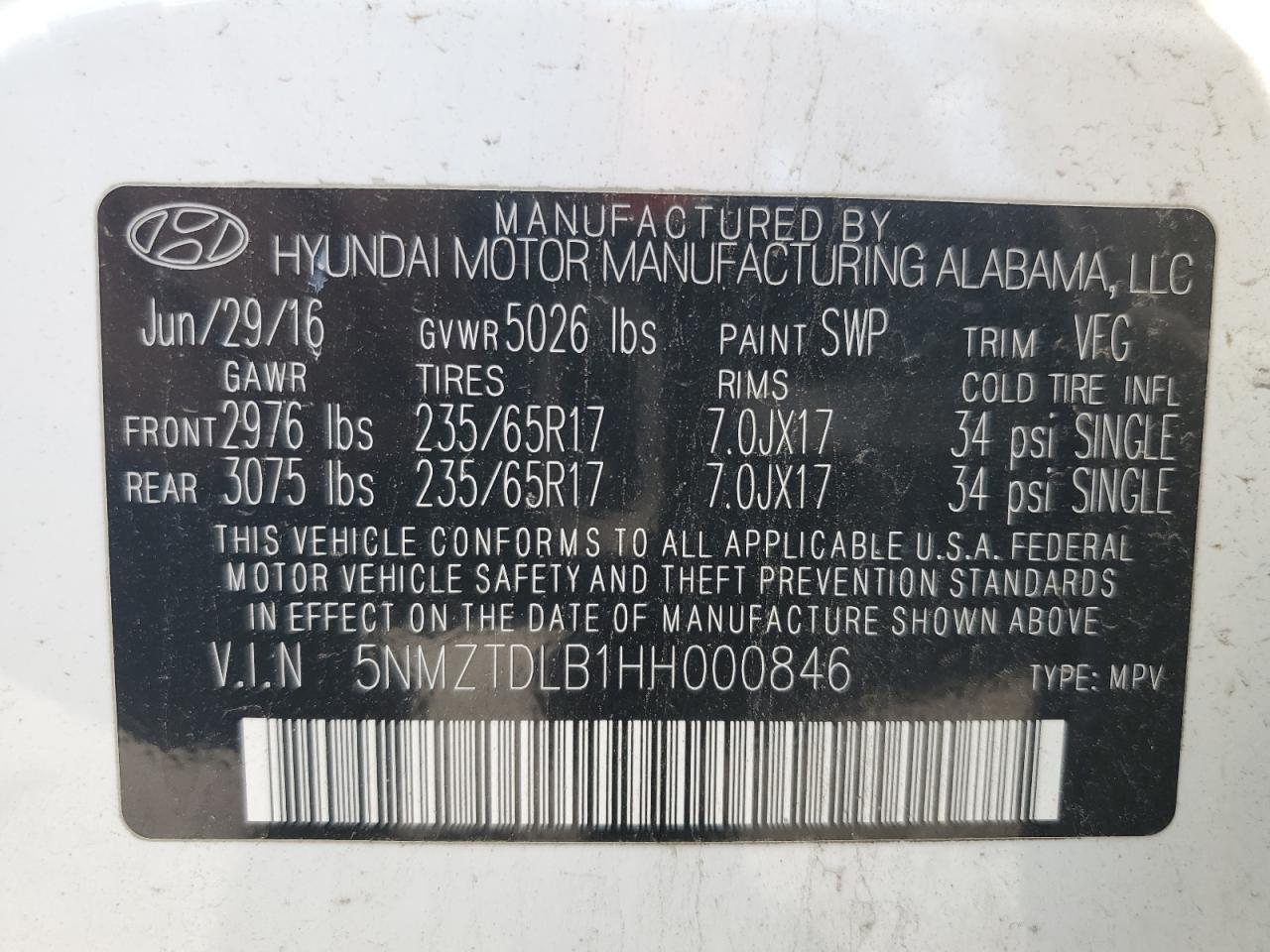 2017 Hyundai Santa Fe Sport VIN: 5XYZT3LBXHG395971 Lot: 82078035