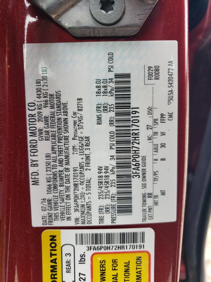 2017 Ford Fusion Se VIN: 3FA6P0H72HR170191 Lot: 84283635