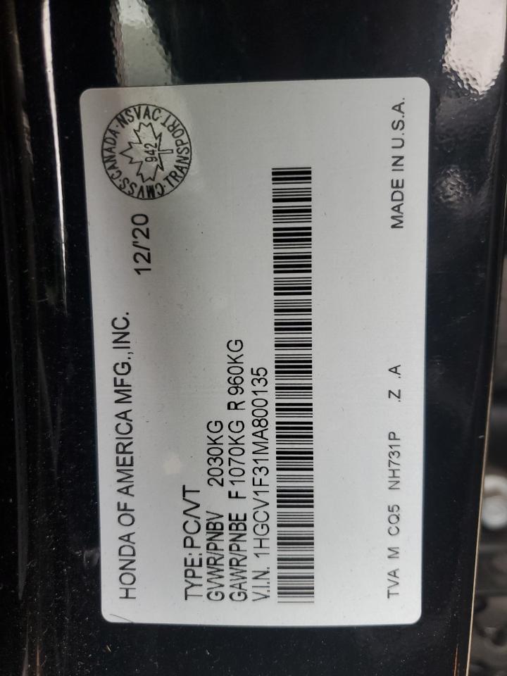 2021 Honda Accord Sport VIN: 1HGCV1F31MA800135 Lot: 70123195