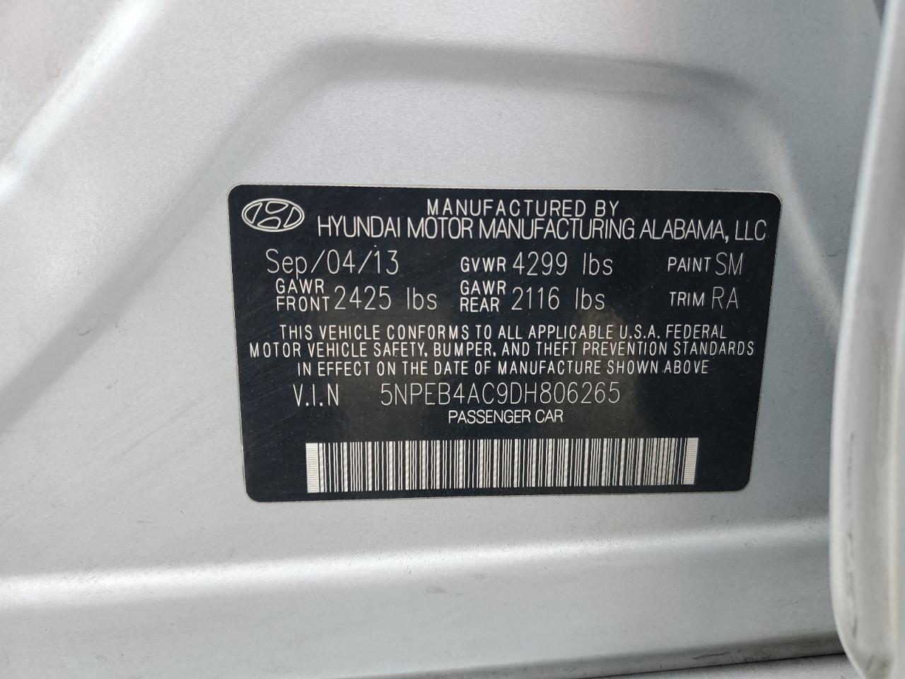 2013 Hyundai Sonata Gls VIN: 5NPEB4AC9DH806265 Lot: 81759045