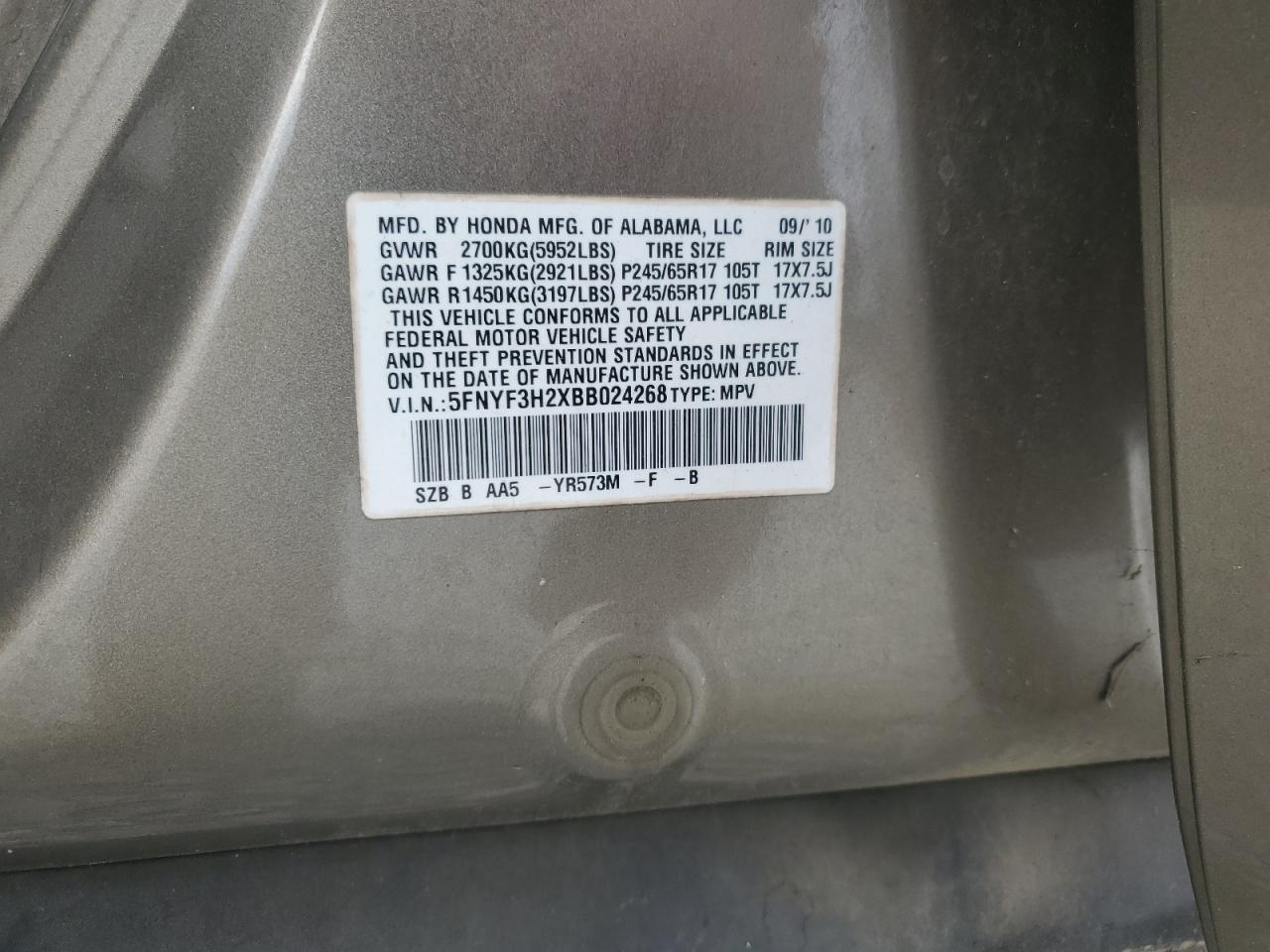 2011 Honda Pilot Lx VIN: 5FNYF3H2XBB024268 Lot: 81864065