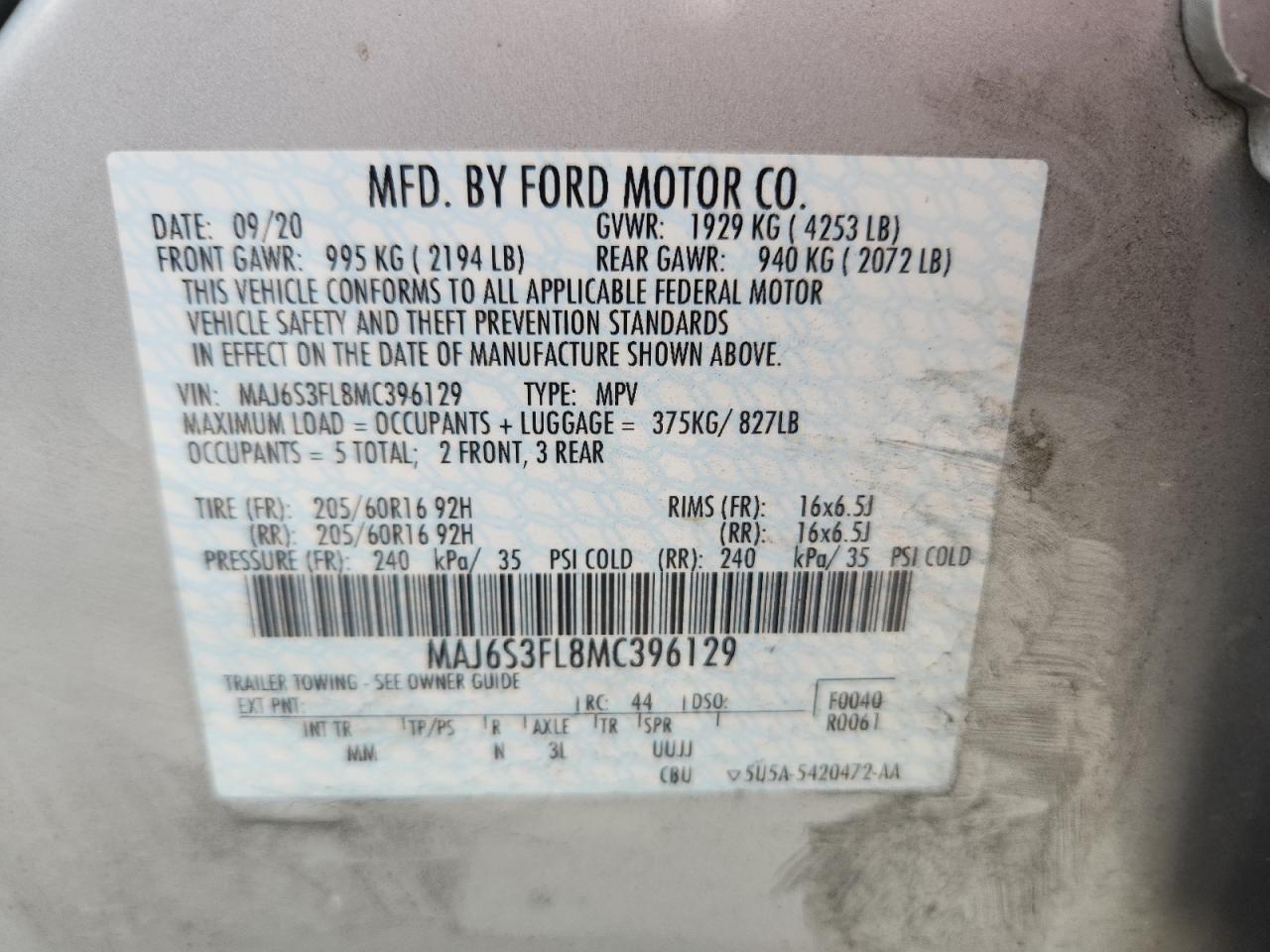 2021 Ford Ecosport S VIN: MAJ6S3FL8MC396129 Lot: 80643575