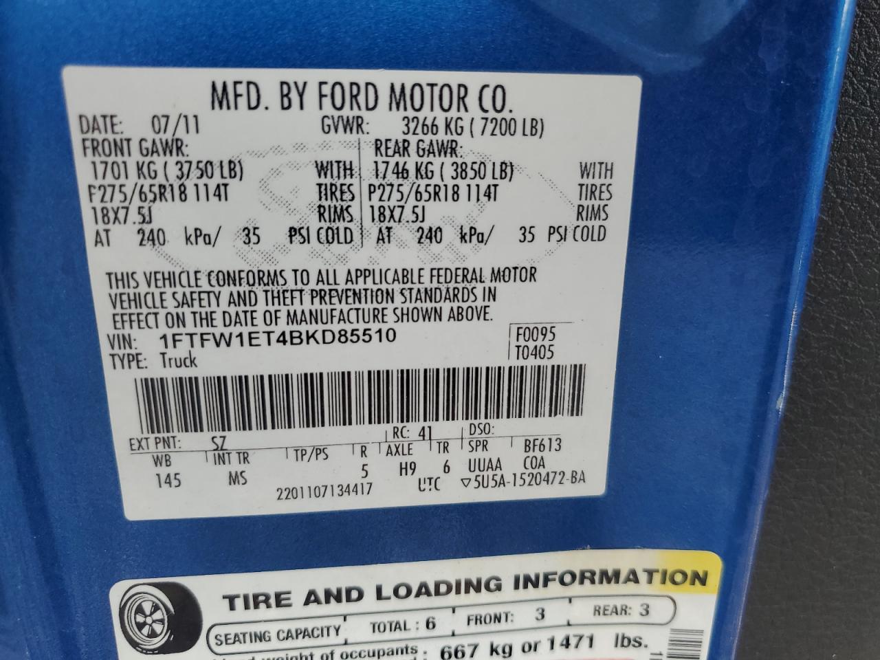 2011 Ford F150 Supercrew VIN: 1FTFW1ET4BKD85510 Lot: 80234855