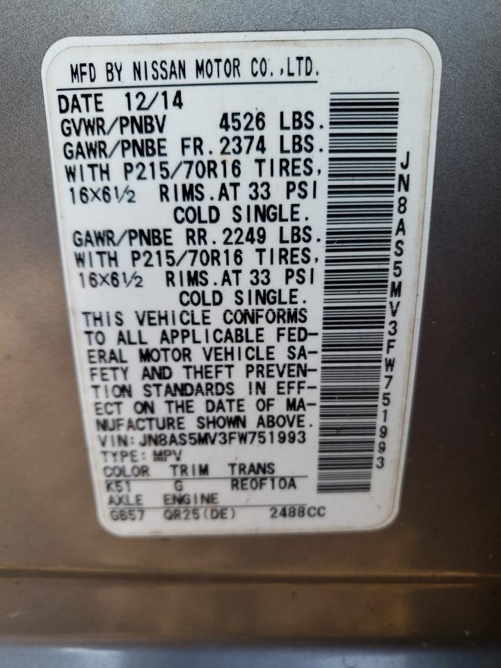 2015 Nissan Rogue Select S VIN: JN8AS5MV3FW751993 Lot: 80130255