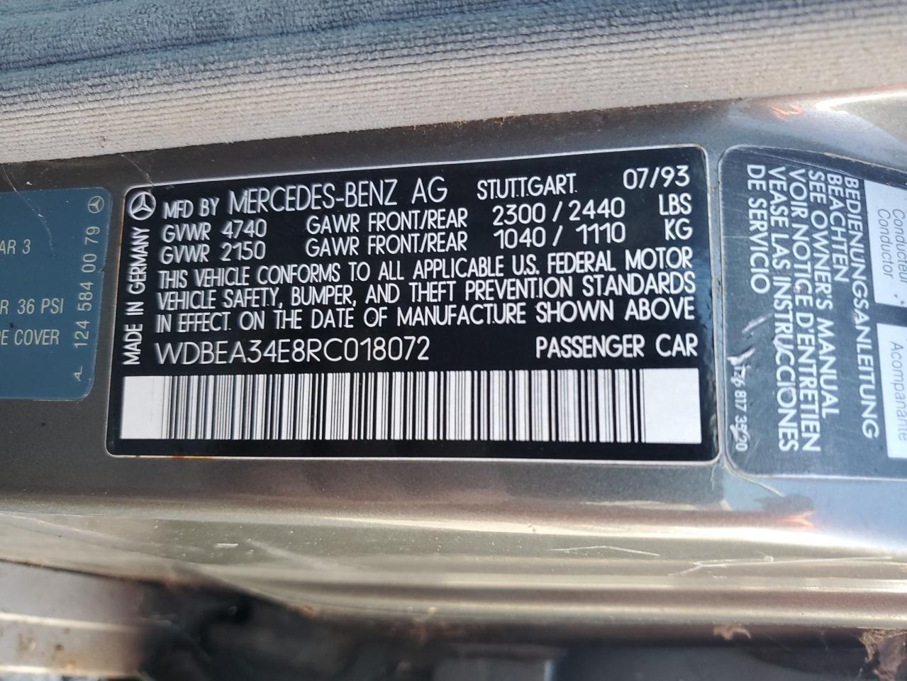 1994 Mercedes-Benz E 420 VIN: WDBEA34E8RC018072 Lot: 80380515