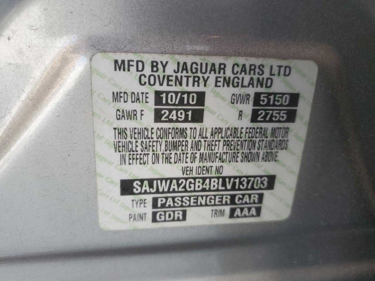 2011 Jaguar Xjl VIN: SAJWA2GB4BLV13703 Lot: 80795555