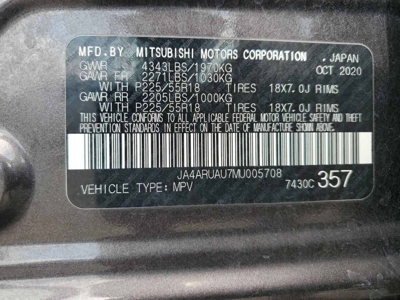 2021 Mitsubishi Outlander Sport Es VIN: JA4ARUAU7MU005708 Lot: 80454945