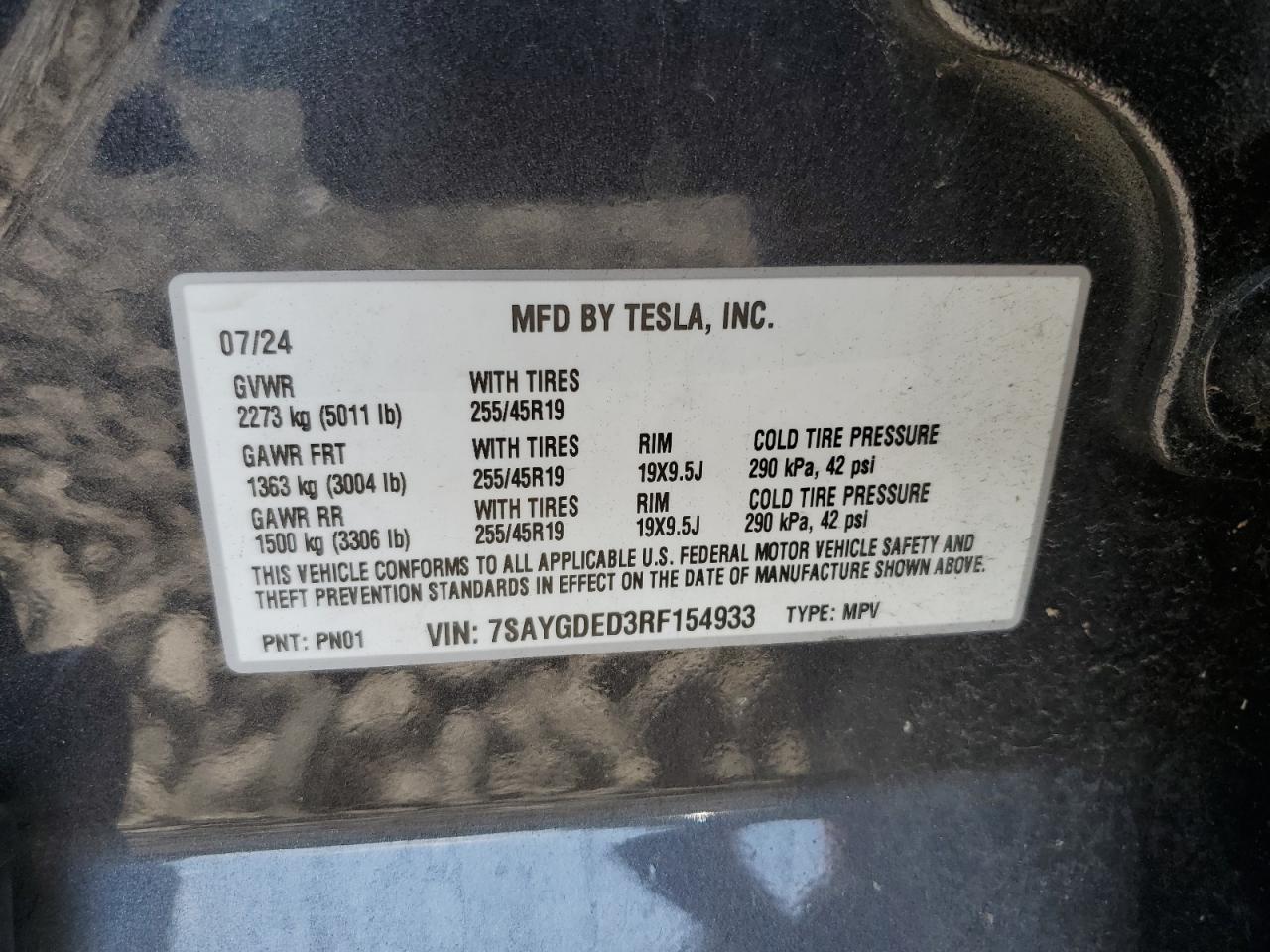 2024 Tesla Model Y VIN: 7SAYGDED3RF154933 Lot: 81467235