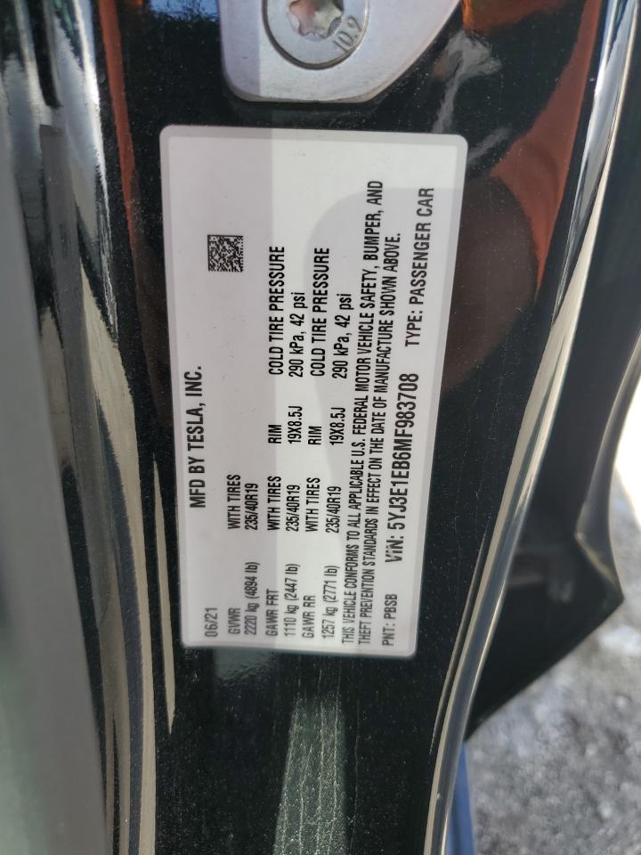 2021 Tesla Model 3 VIN: 5YJ3E1EB6MF983708 Lot: 84624815