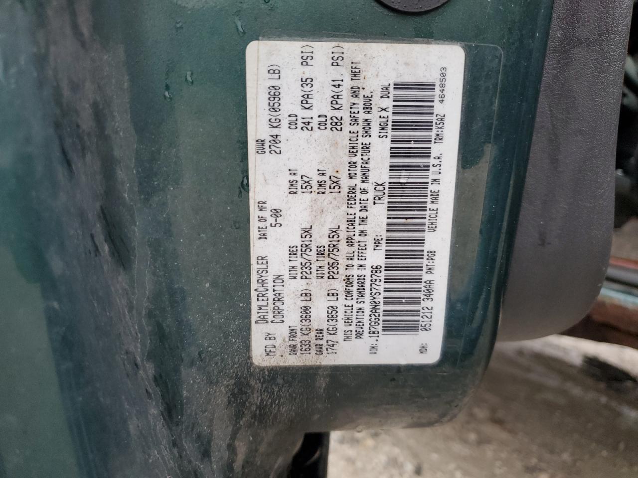 2000 Dodge Dakota Quad VIN: 1B7GG2AN0YS779786 Lot: 81118925