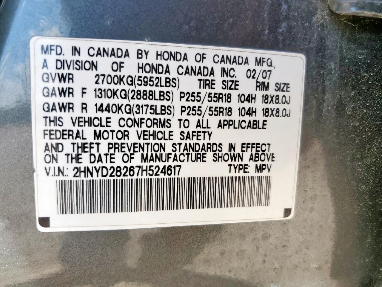 2007 Acura Mdx VIN: 2HNYD28267H524617 Lot: 83872265
