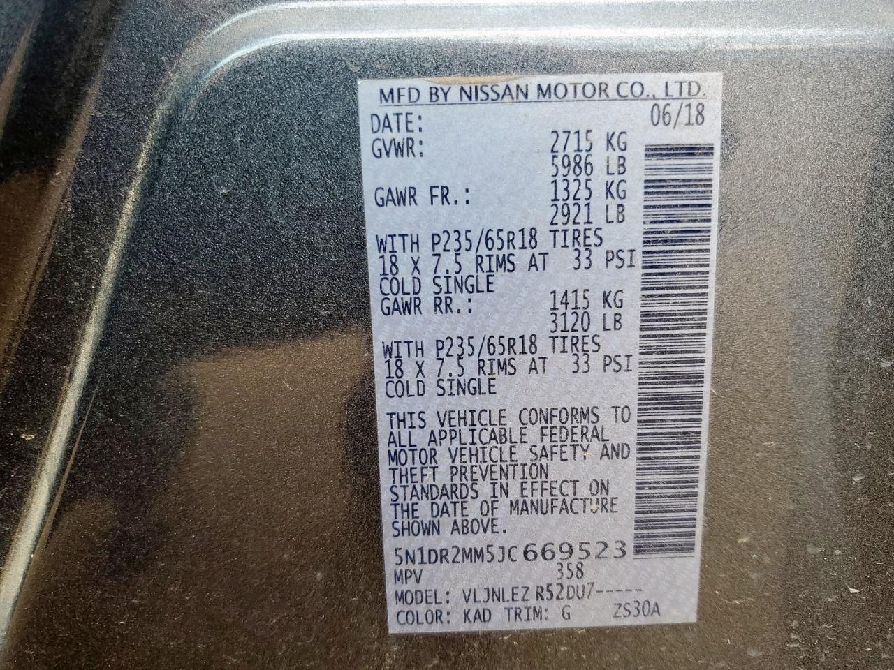 2018 Nissan Pathfinder S VIN: 5N1DR2MM5JC669523 Lot: 71132585