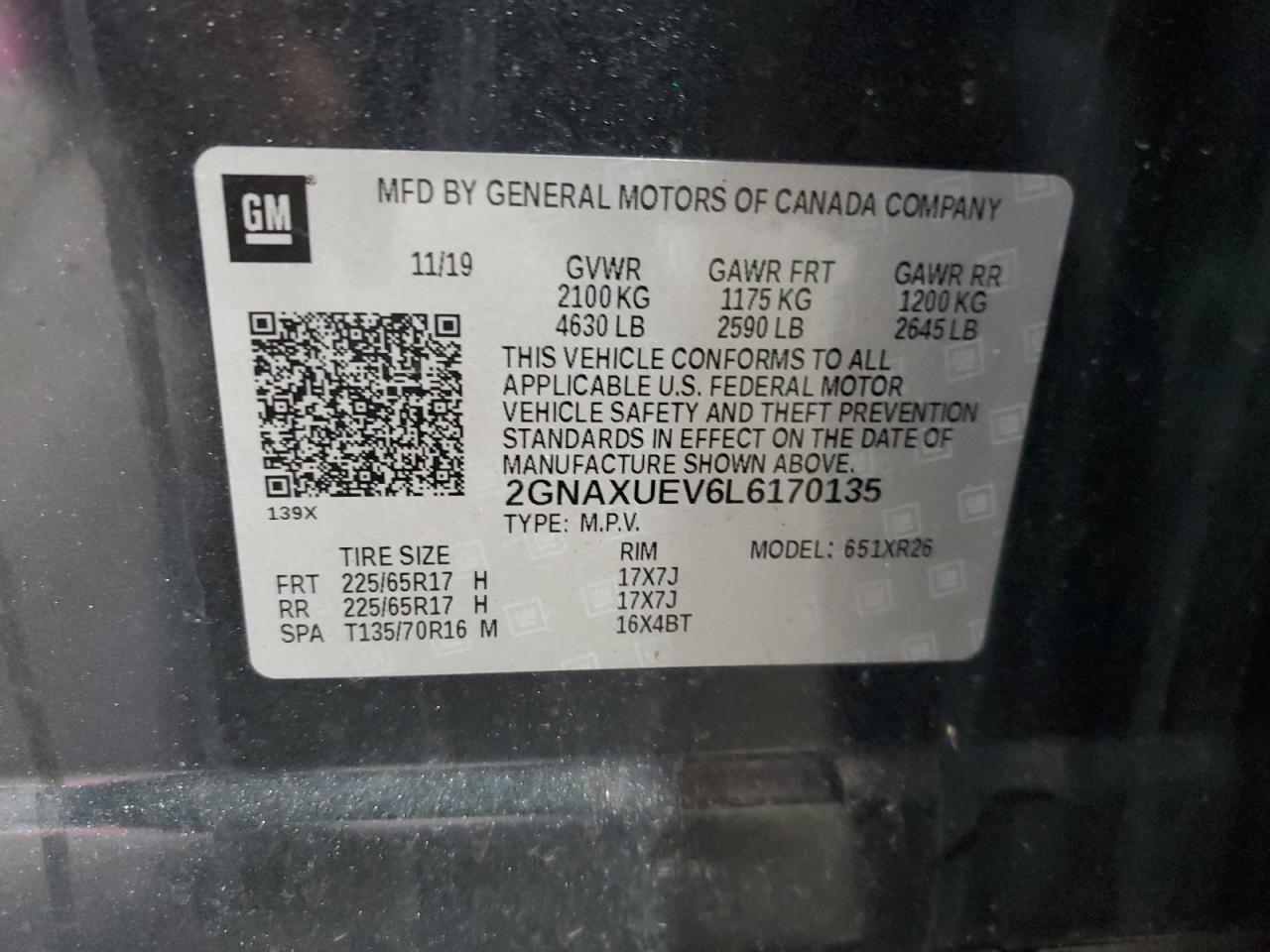 2020 Chevrolet Equinox Lt VIN: 2GNAXUEV6L6170135 Lot: 80629605