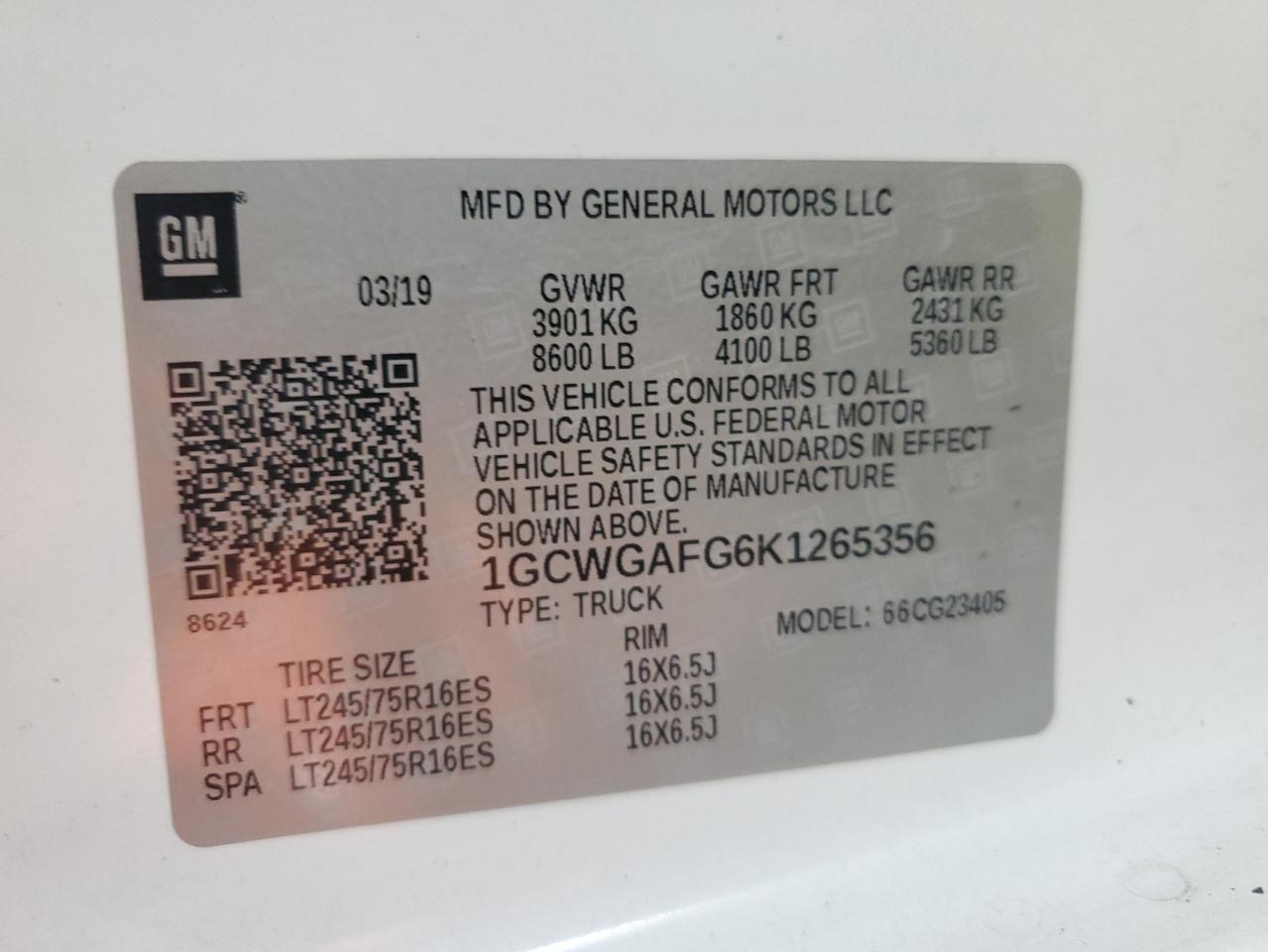 2019 Chevrolet Express G2500 VIN: 1GCWGAFG6K1265356 Lot: 80100595