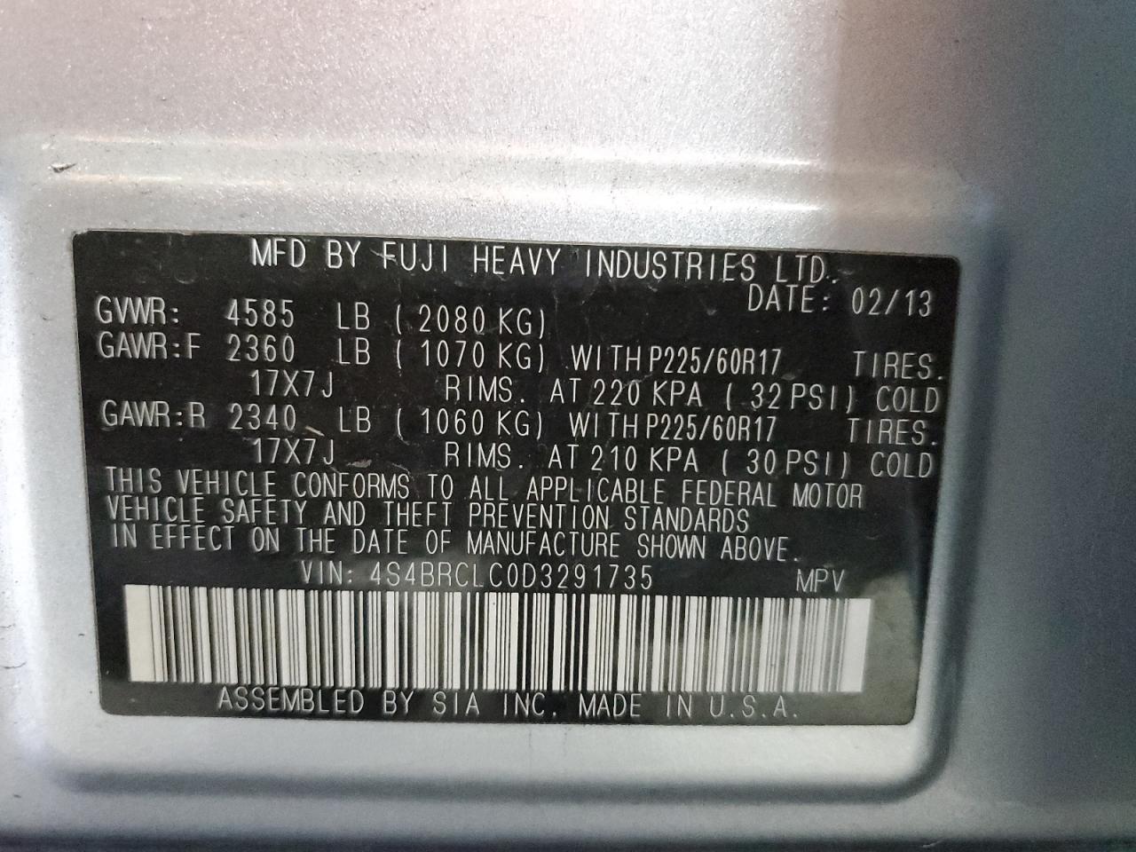 2013 Subaru Outback 2.5I Limited VIN: 4S4BRCLC0D3291735 Lot: 80901875