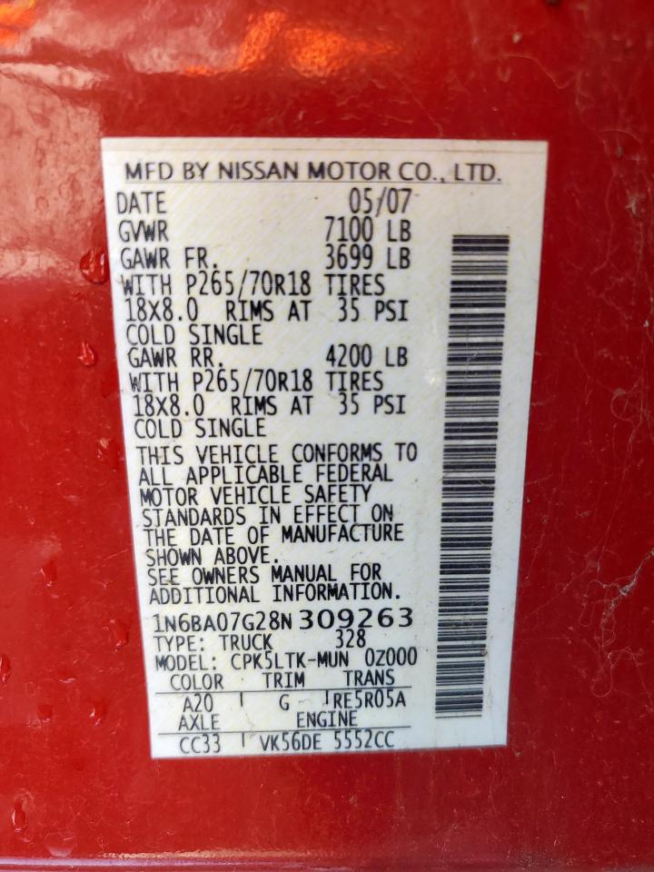 2008 Nissan Titan Xe VIN: 1N6BA07G28N309263 Lot: 81643735