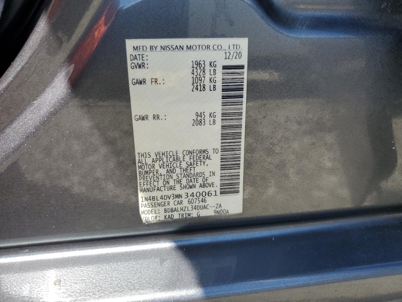 2021 Nissan Altima Sv VIN: 1N4BL4DV3MN340061 Lot: 80784315