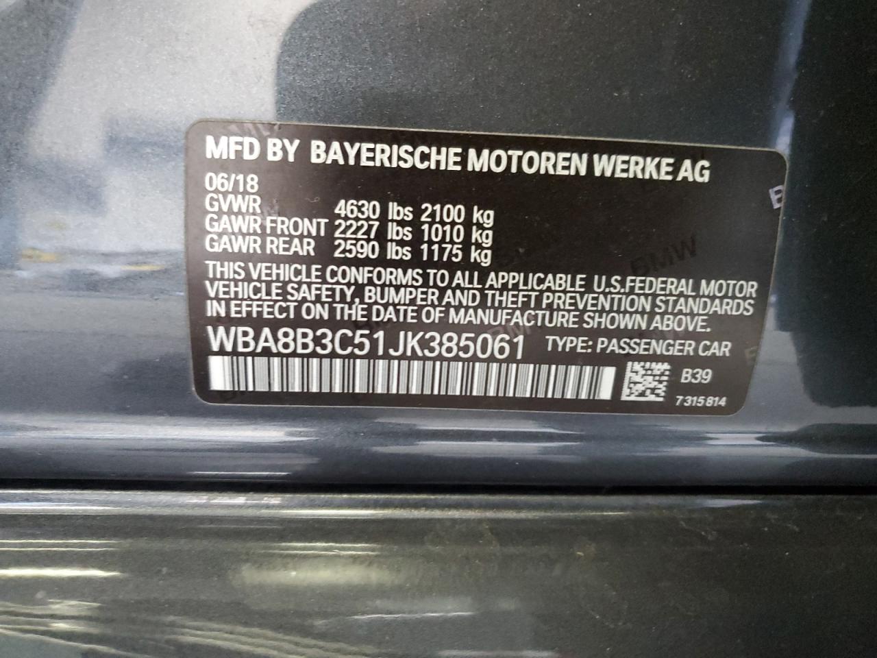 2018 BMW 340 I VIN: WBA8B3C51JK385061 Lot: 81743485