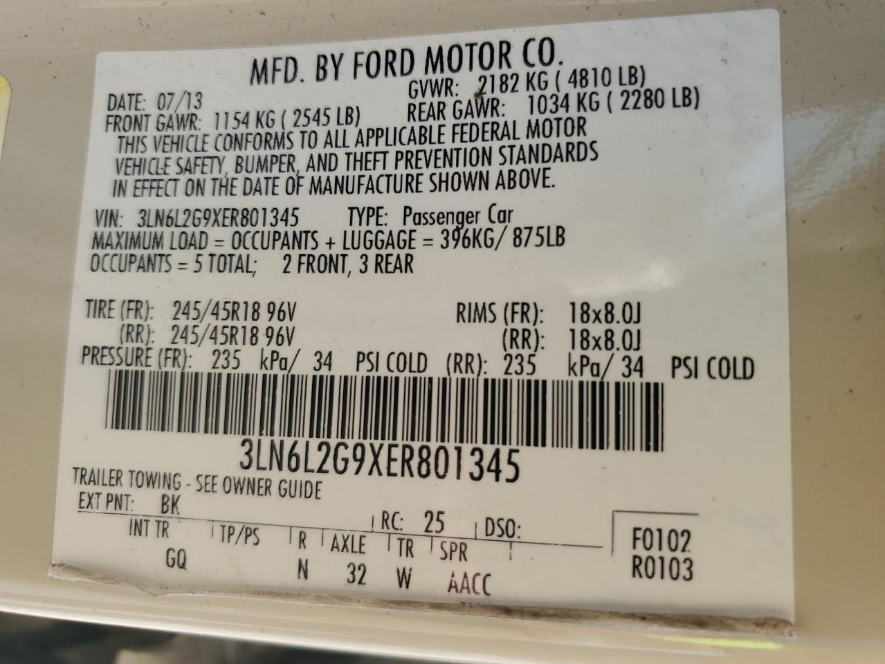 2014 Lincoln Mkz VIN: 3LN6L2G9XER801345 Lot: 80175685