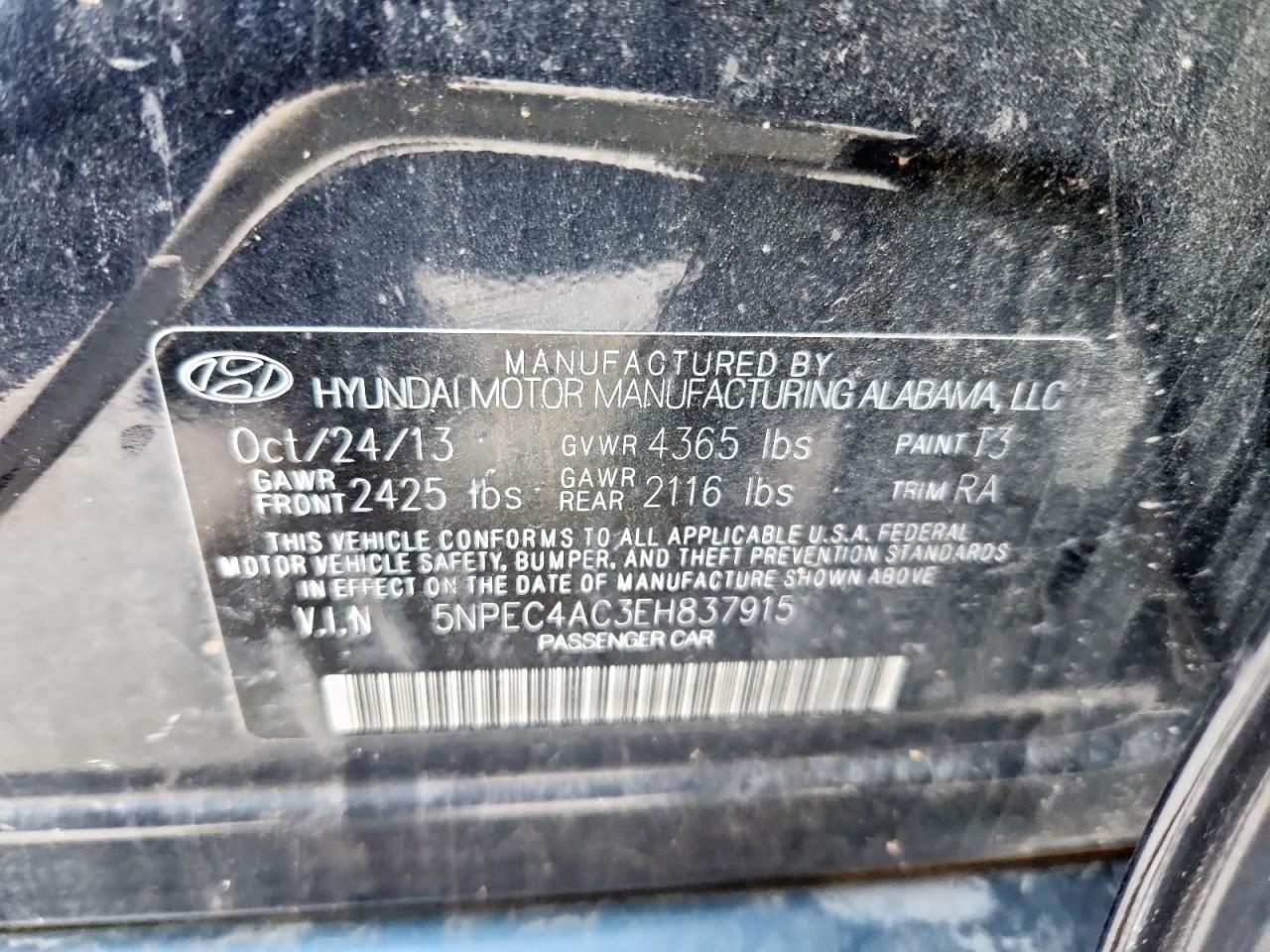 2014 Hyundai Sonata Se VIN: 5NPEC4AC3EH837915 Lot: 84188695