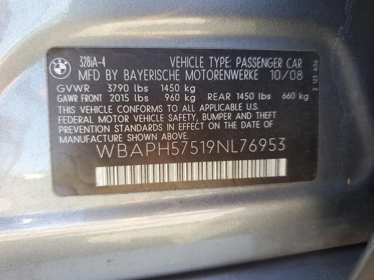 2009 BMW 328 I Sulev VIN: WBAPH57519NL76953 Lot: 81249615