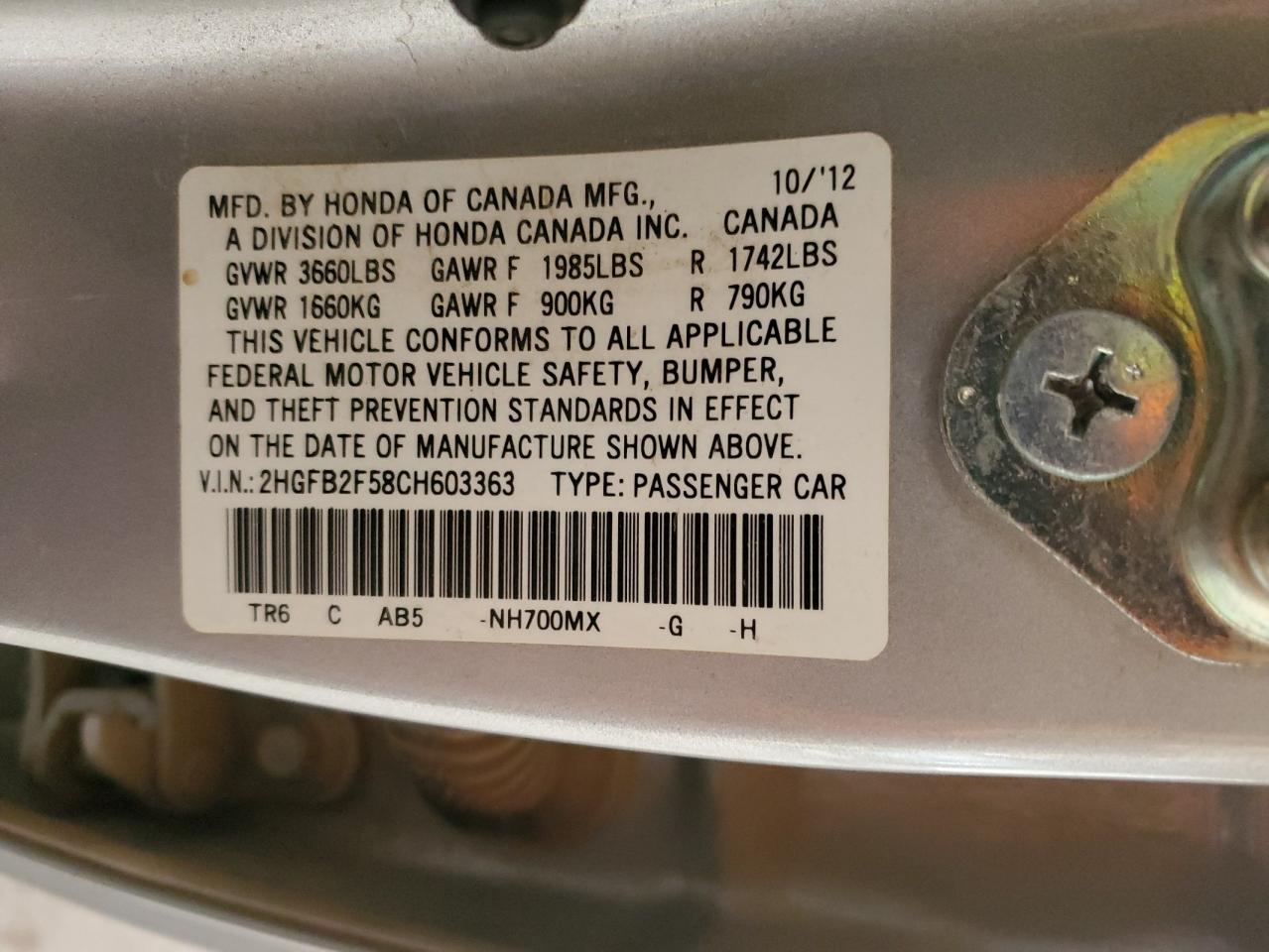 2012 Honda Civic Lx VIN: 2HGFB2F58CH603363 Lot: 81249045