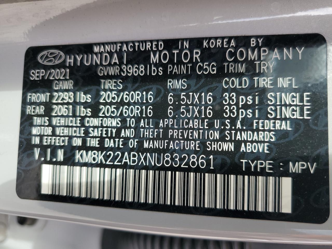 2022 Hyundai Kona Sel VIN: KM8K22ABXNU832861 Lot: 72051855