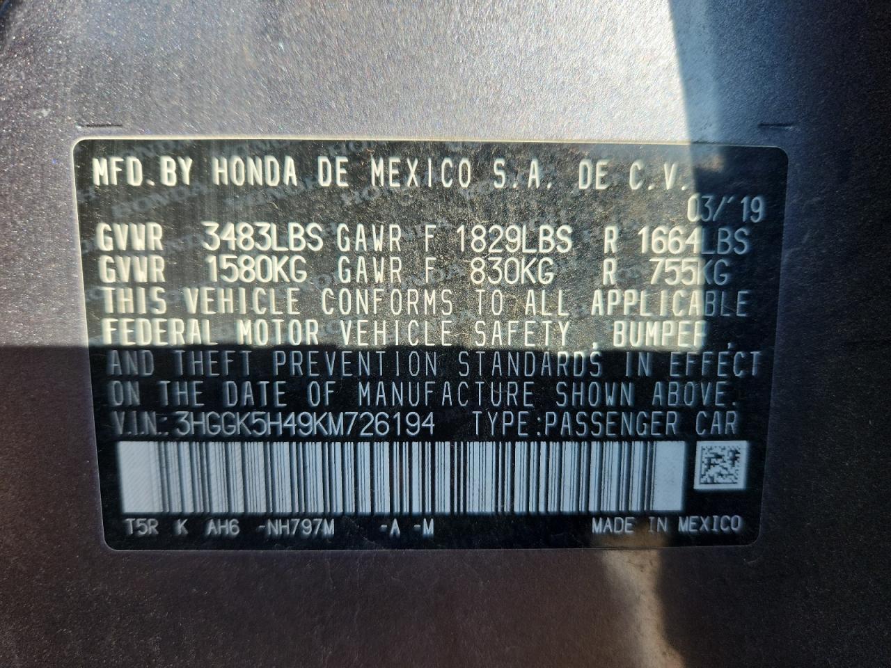 2019 Honda Fit Lx VIN: 3HGGK5H49KM726194 Lot: 84570995